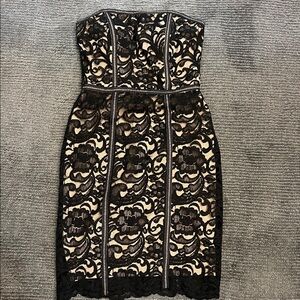 Xscape Black and Cream Strapless Lace Dress
